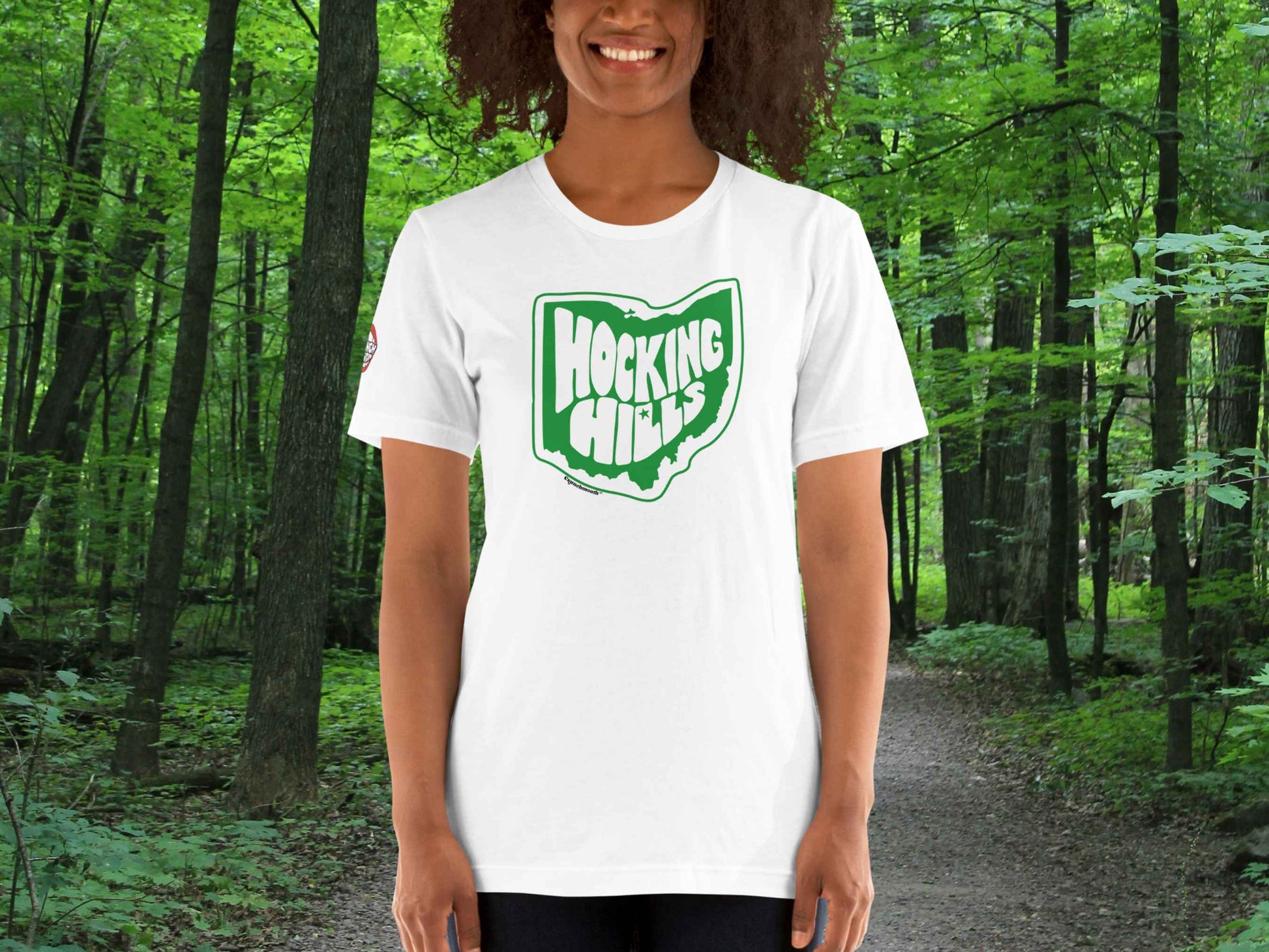 hocking hills t shirt, souvenir t shirts, front, female model, forest trail background