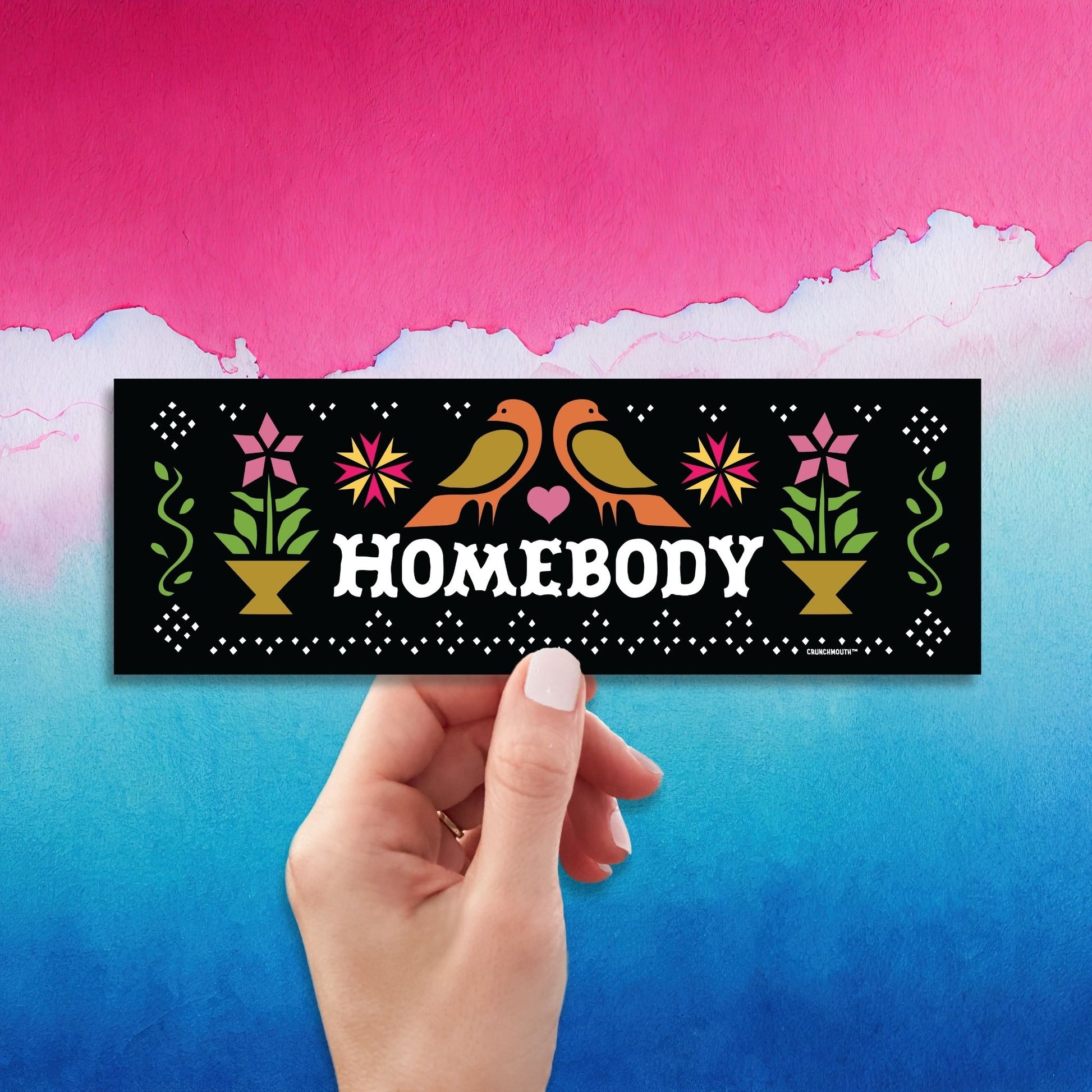 homebody bumper sticker, hand display, retro design background
