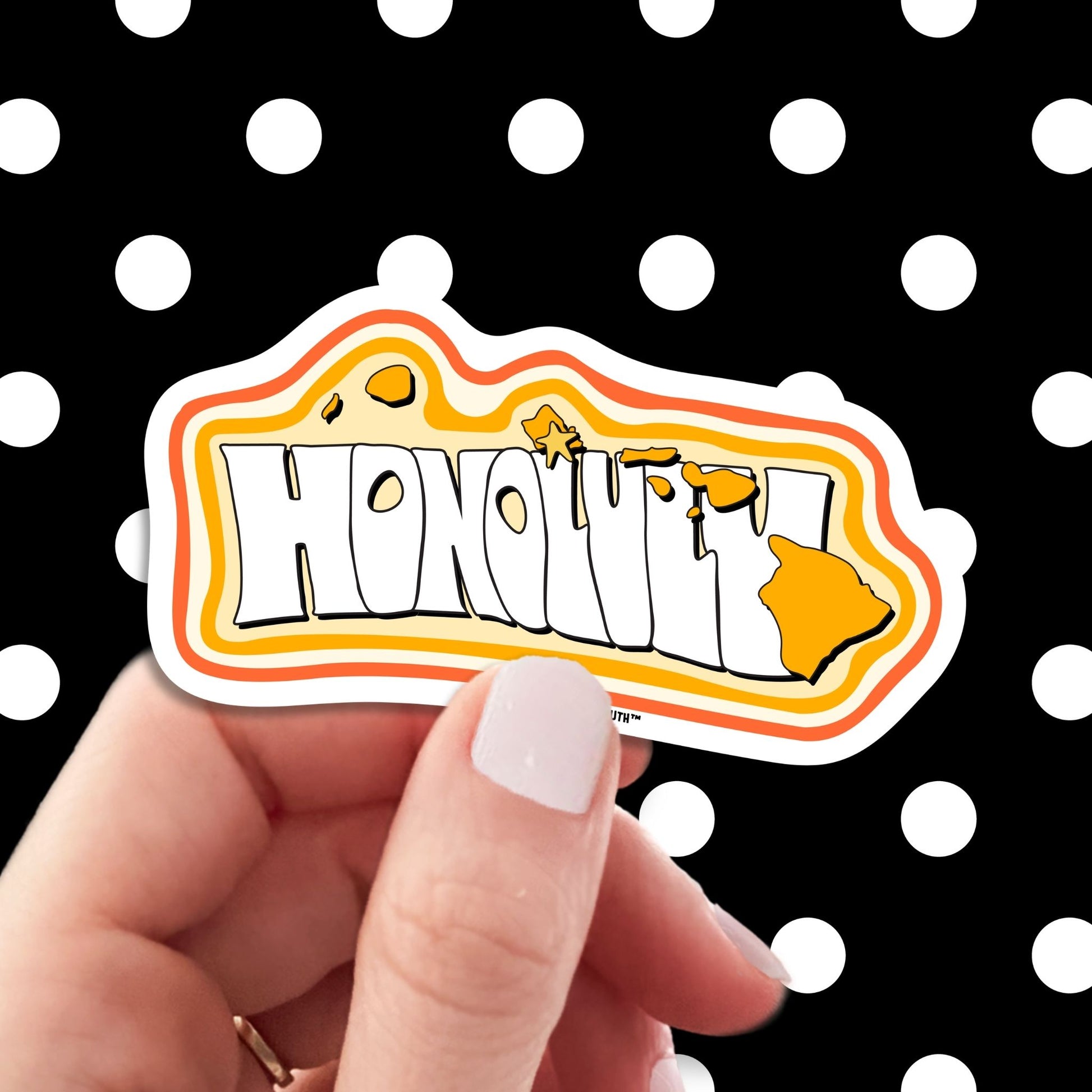 Honolulu travel luggage sticker, hand display, polka dots pattern design background
