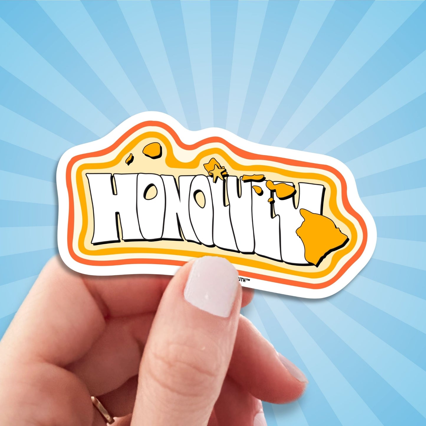 Honolulu travel luggage sticker, hand display, sun rays design background
