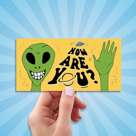 how are you? outer space alien bumper sticker, hand display, sun rays design background
