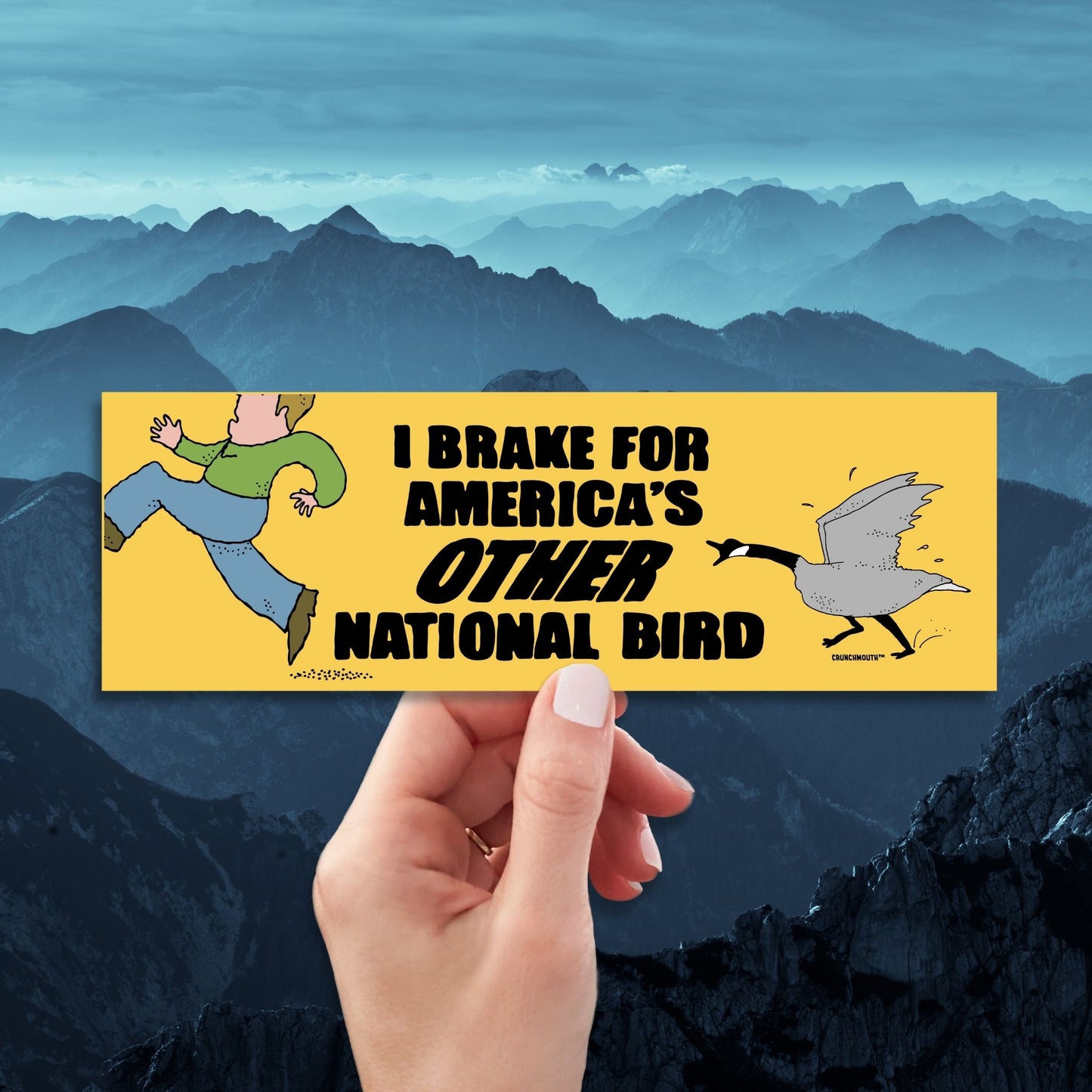 i brake for america's other national bird, funny canada goose bumper sticker, mountains background
