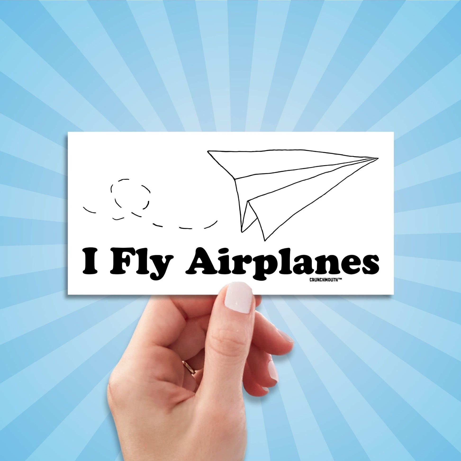 i fly airplanes bumper sticker, hand display, sun rays design background
