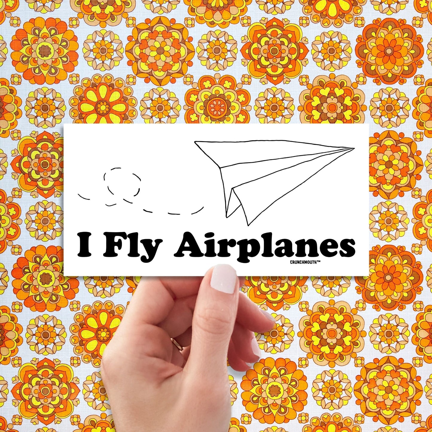 i fly airplanes bumper sticker, hand display, retro design background
