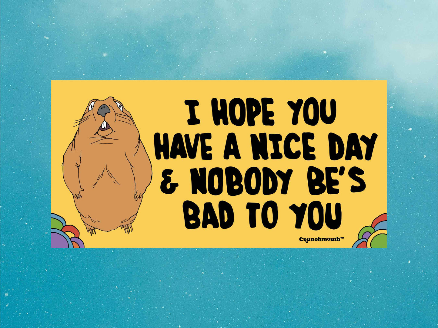 i hope you have a nice day and nobody be's bad to you, funny groundhog bumper sticker, blue sky background