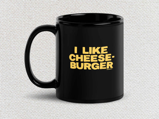 i like cheeseburger coffee mug, 11oz, handle on left, white textured background