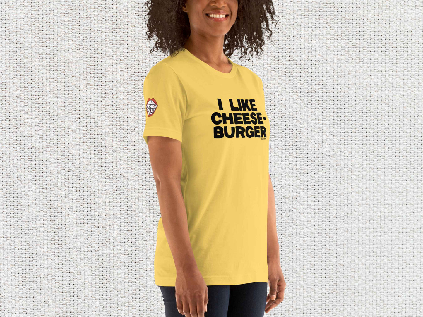 i like cheeseburger funny t shirt, female model, front right, white textured background