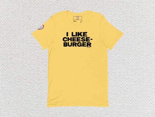 i like cheeseburger funny t shirt, flat, front, white textured background