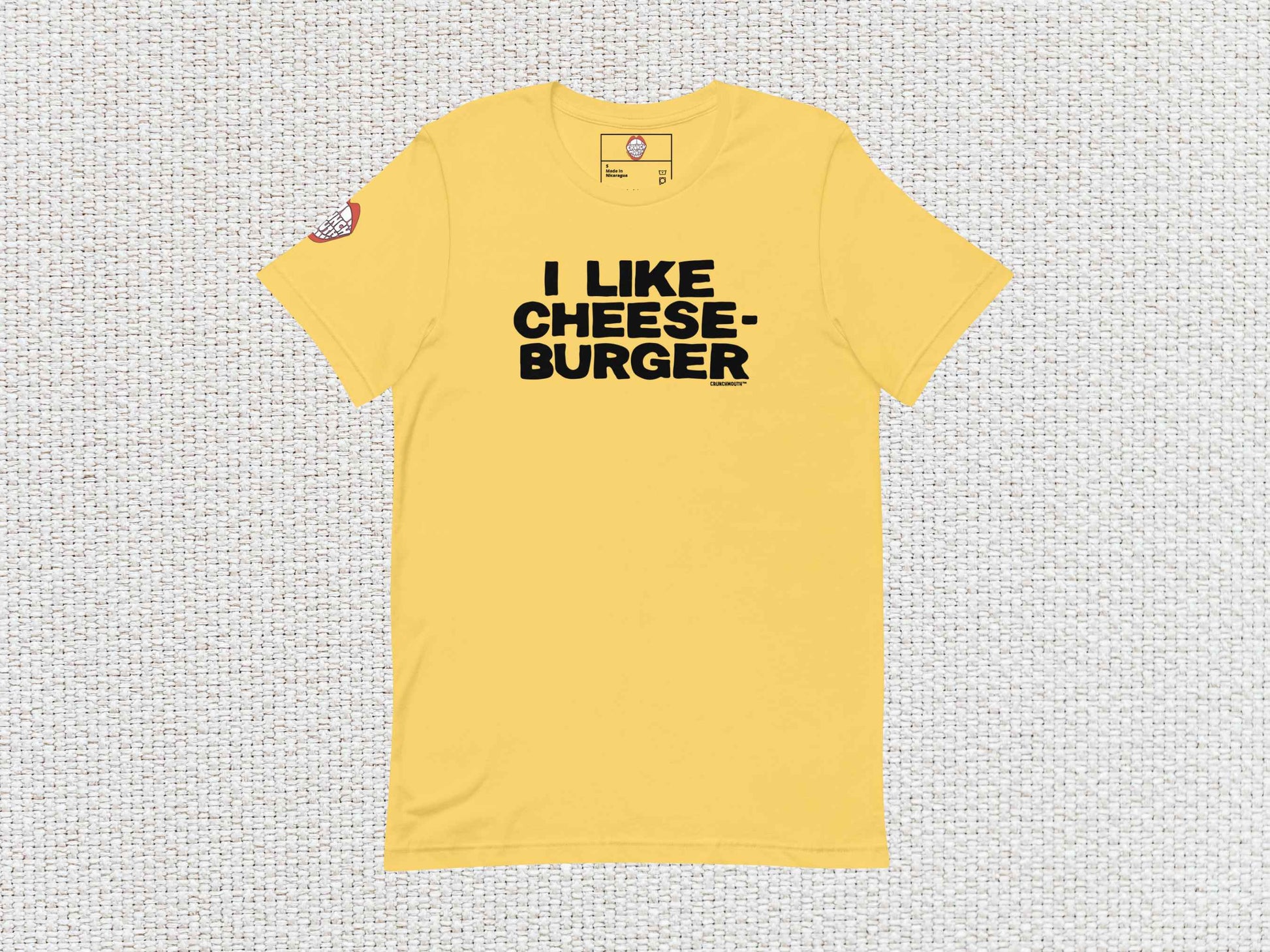 i like cheeseburger funny t shirt, flat, front, white textured background