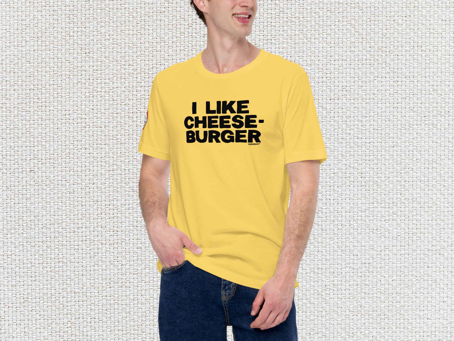 i like cheeseburger funny t shirt, male model, front, white textured background