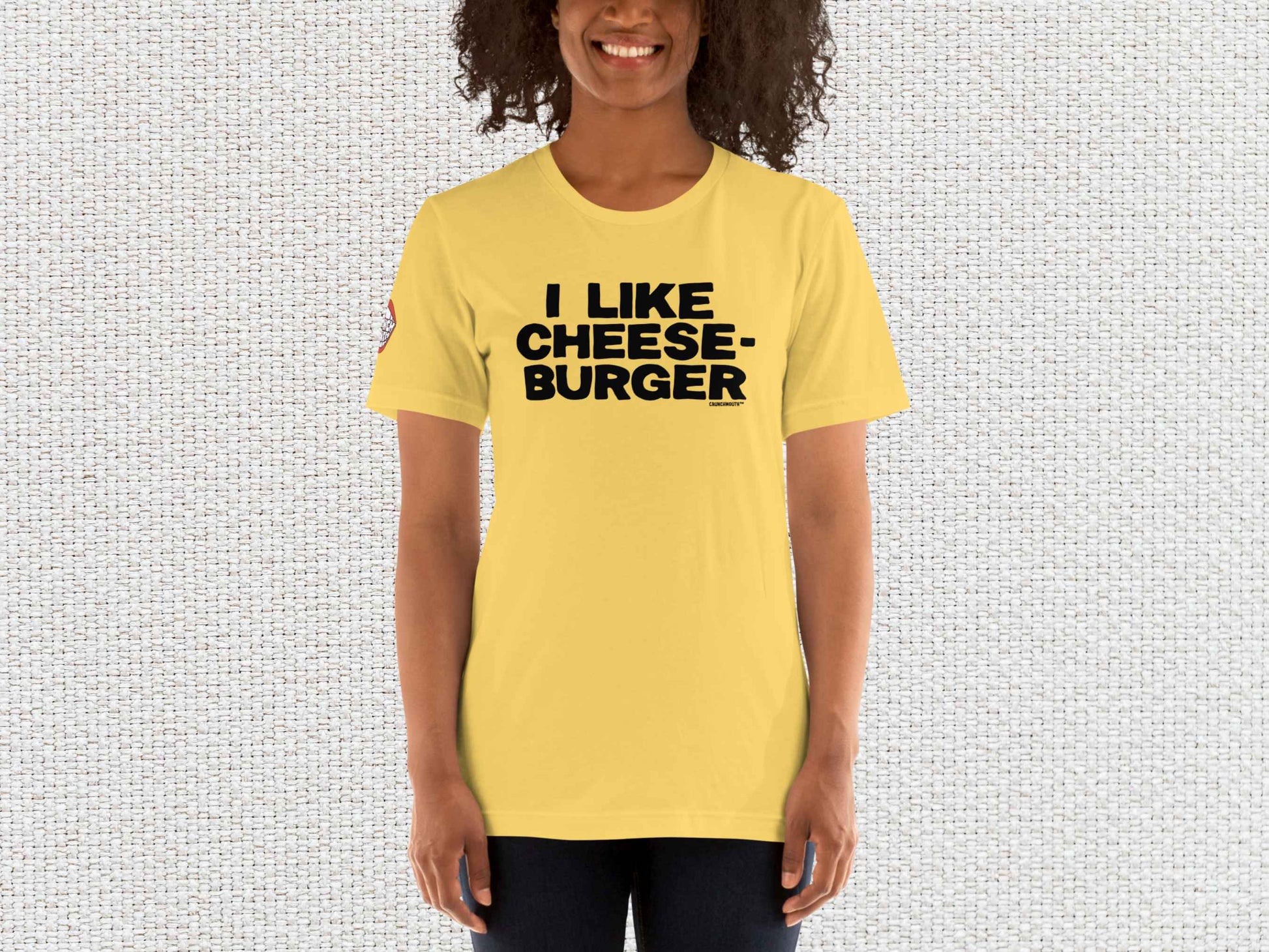 i like cheeseburger funny t shirt, female model, front, white textured background