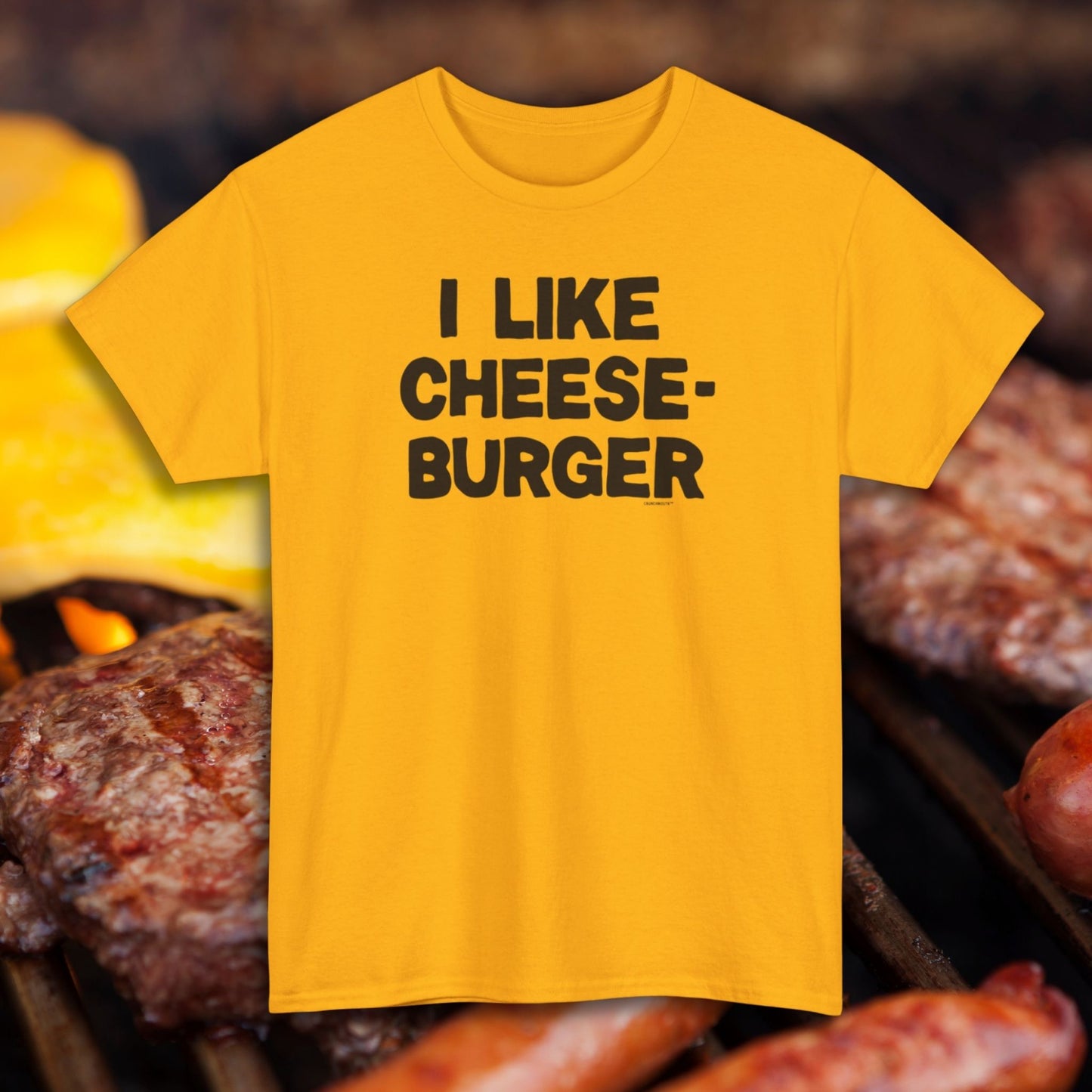 i like cheeseburger shirt, gold color, front, grill background