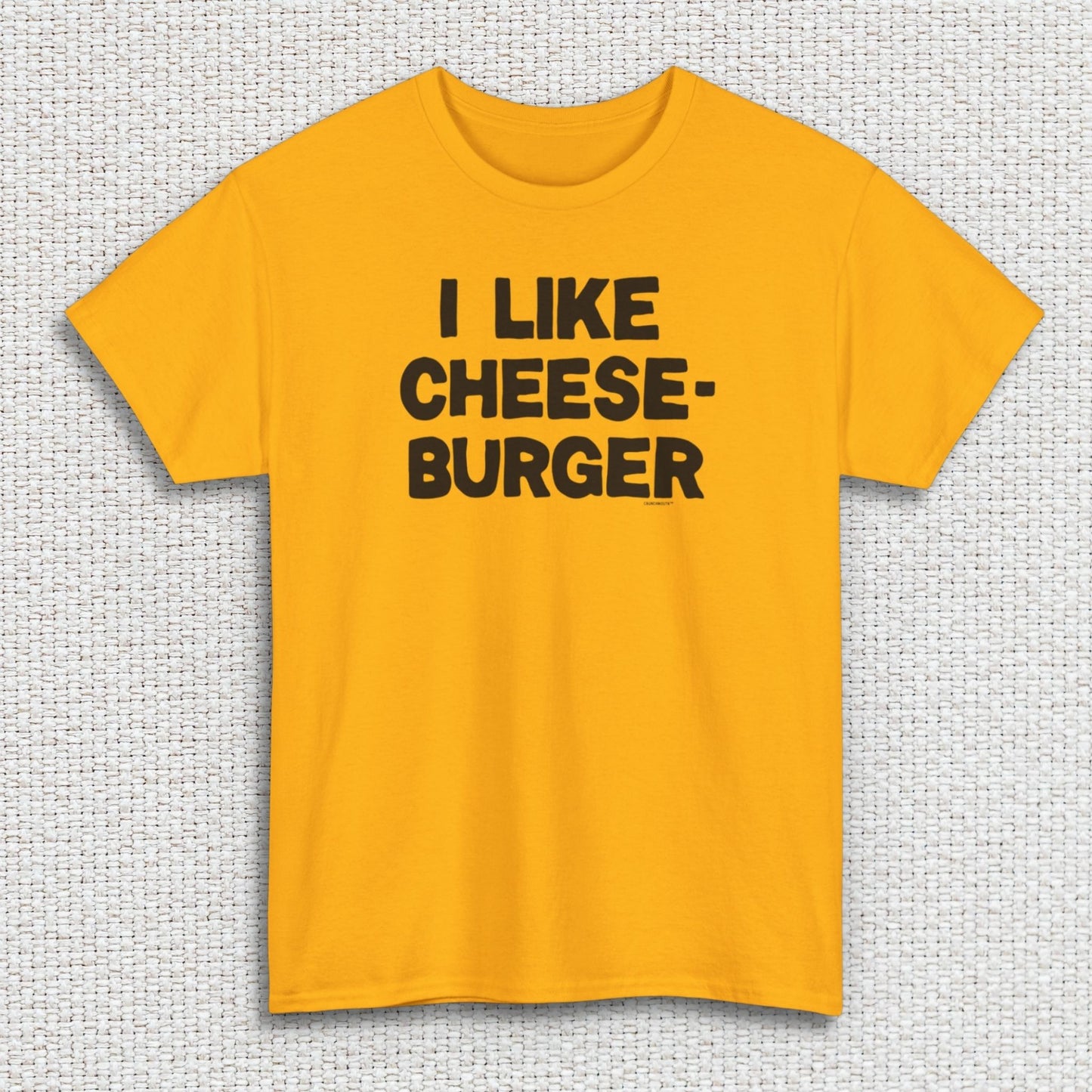 i like cheeseburger shirt, gold color, front, textured fabric background