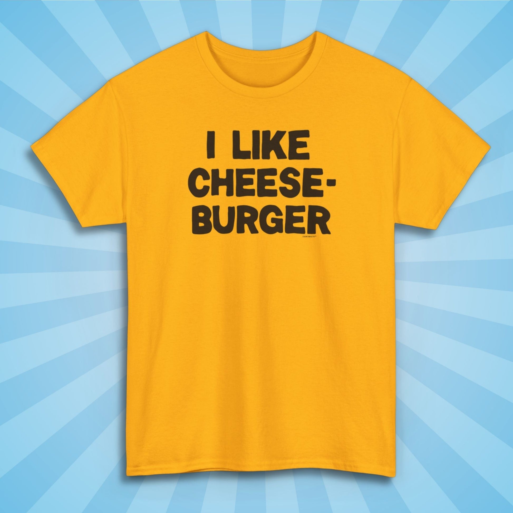 i like cheeseburger shirt, gold color, front, sun rays design background