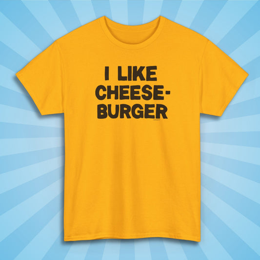 i like cheeseburger shirt, gold color, front, sun rays design background
