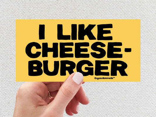 i like cheeseburger sticker, funny bumper stickers, hand display, white textured background