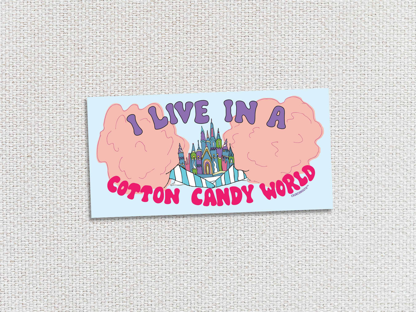 i live in a cotton candy world bumper sticker, white textured background