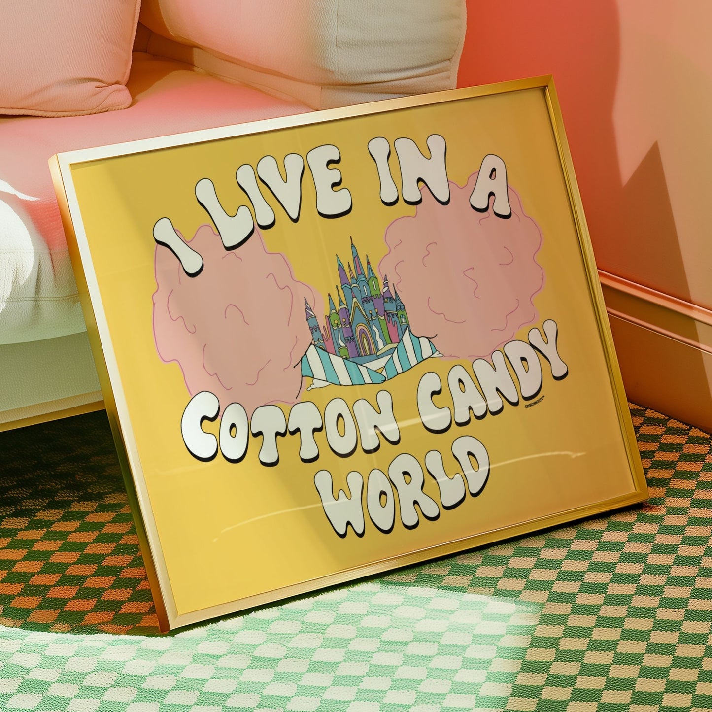 cotton candy world poster print, framed, displayed in context