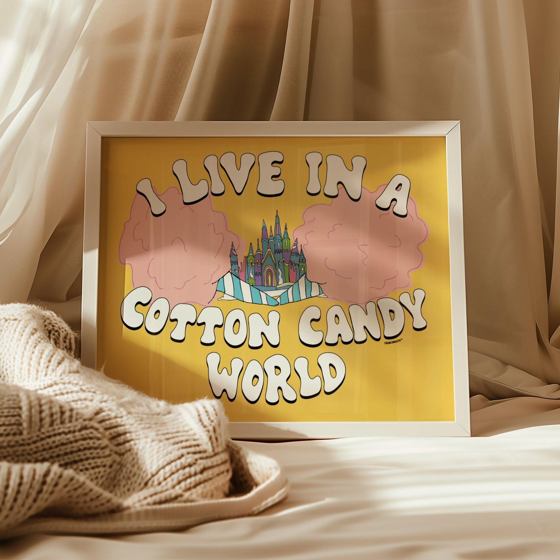 cotton candy world poster print, framed, displayed in context