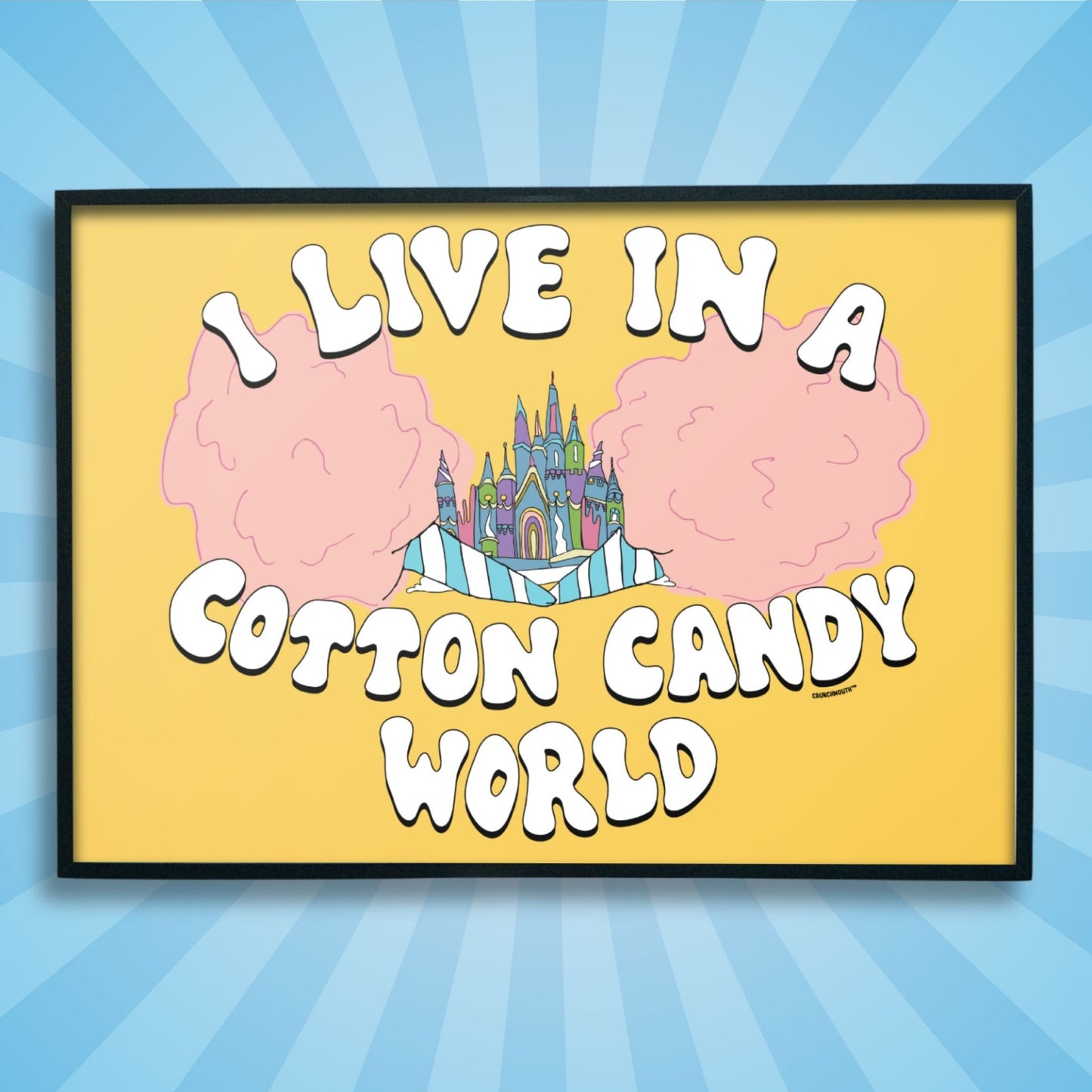 cotton candy world poster print, framed, sun rays design background