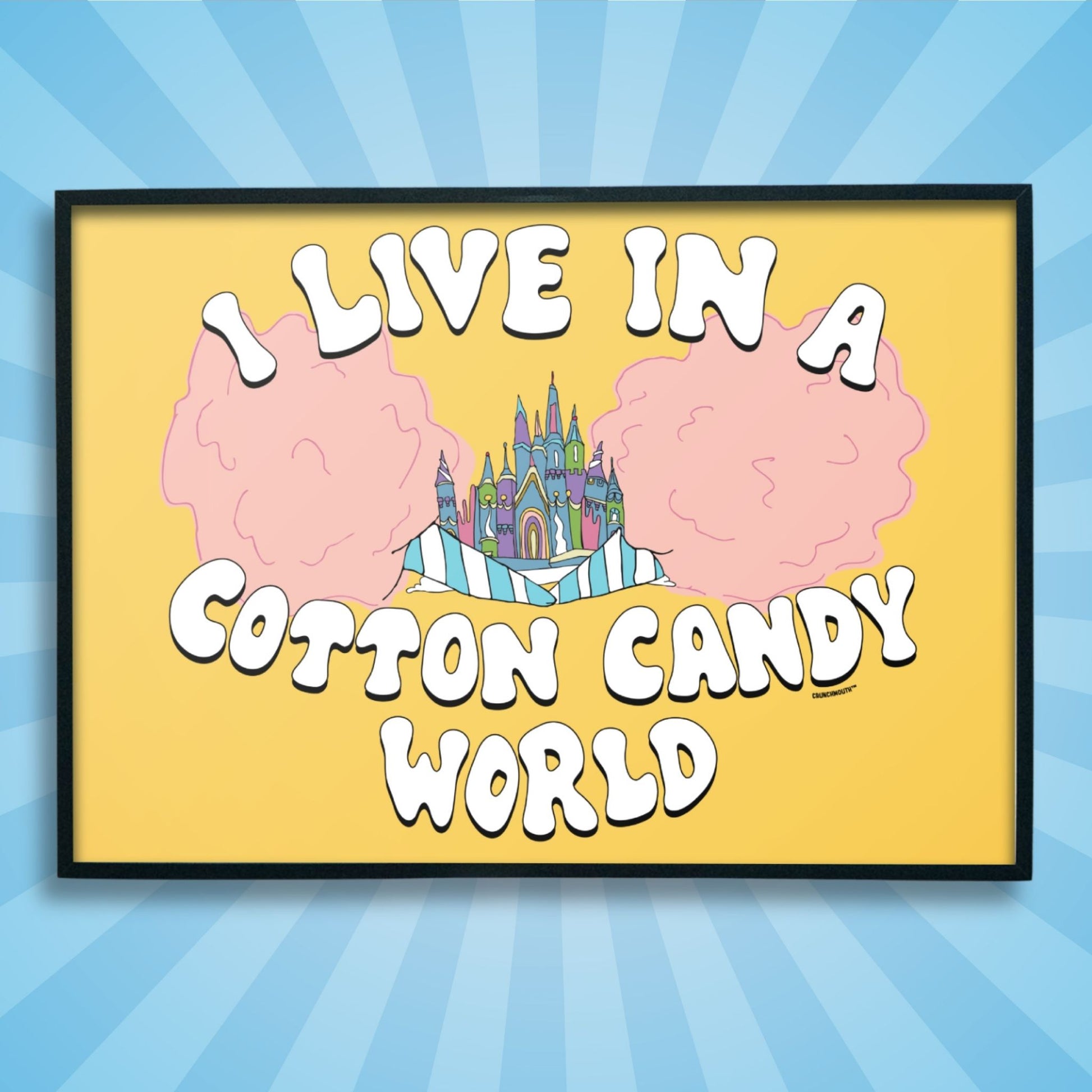 cotton candy world poster print, framed, sun rays design background