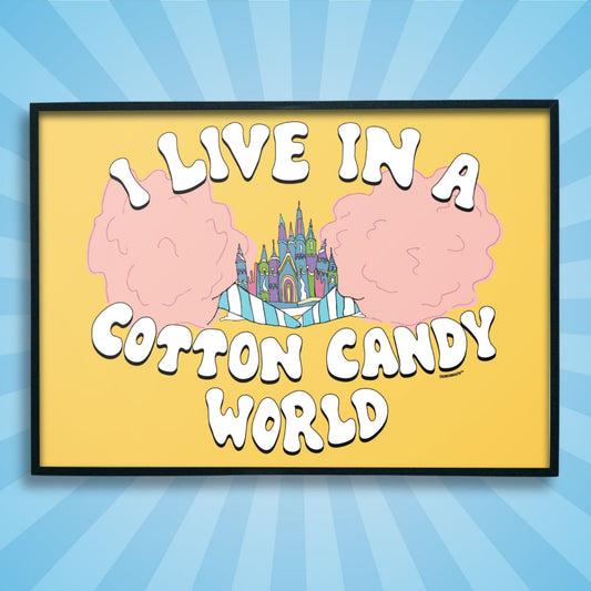cotton candy world poster print, framed, sun rays design background