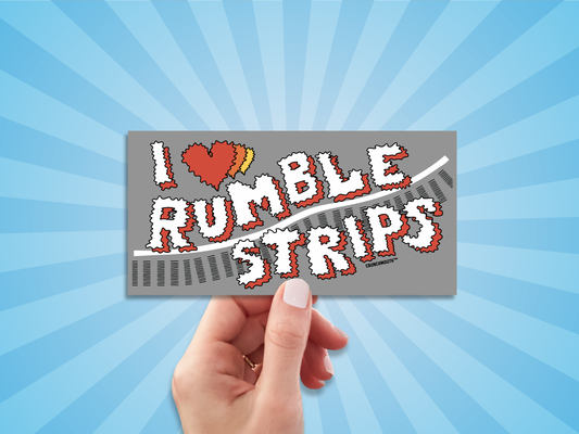 i love rumble strips bumper sticker, hand display, sun rays design background