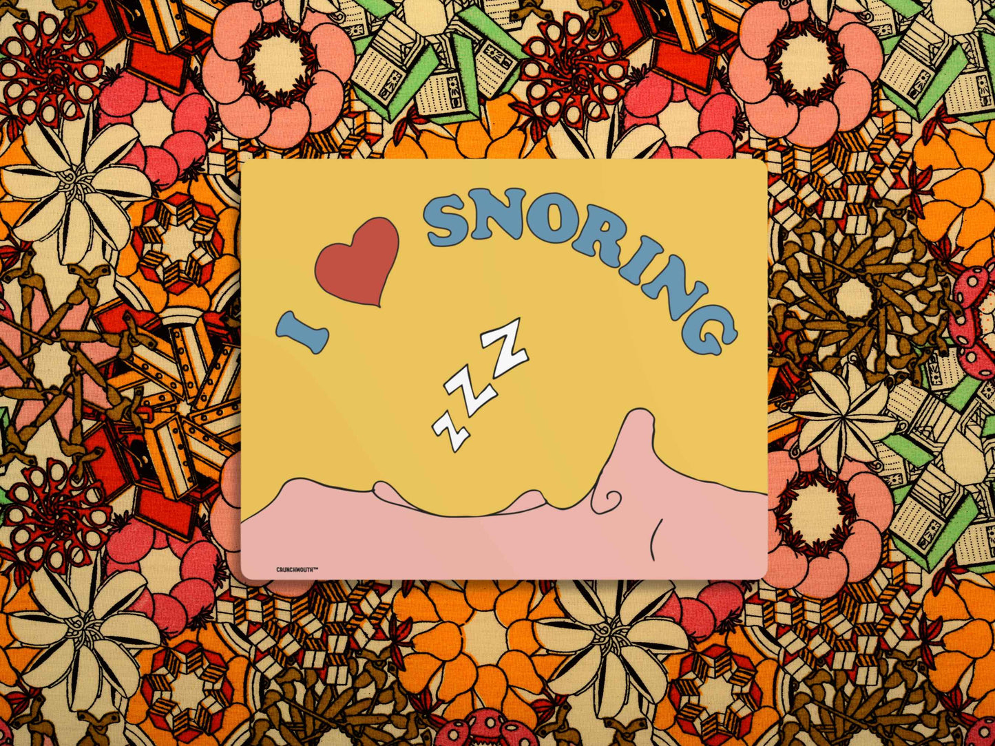 i love snoring metal wall art sign, 1960s floral pattern fabric background