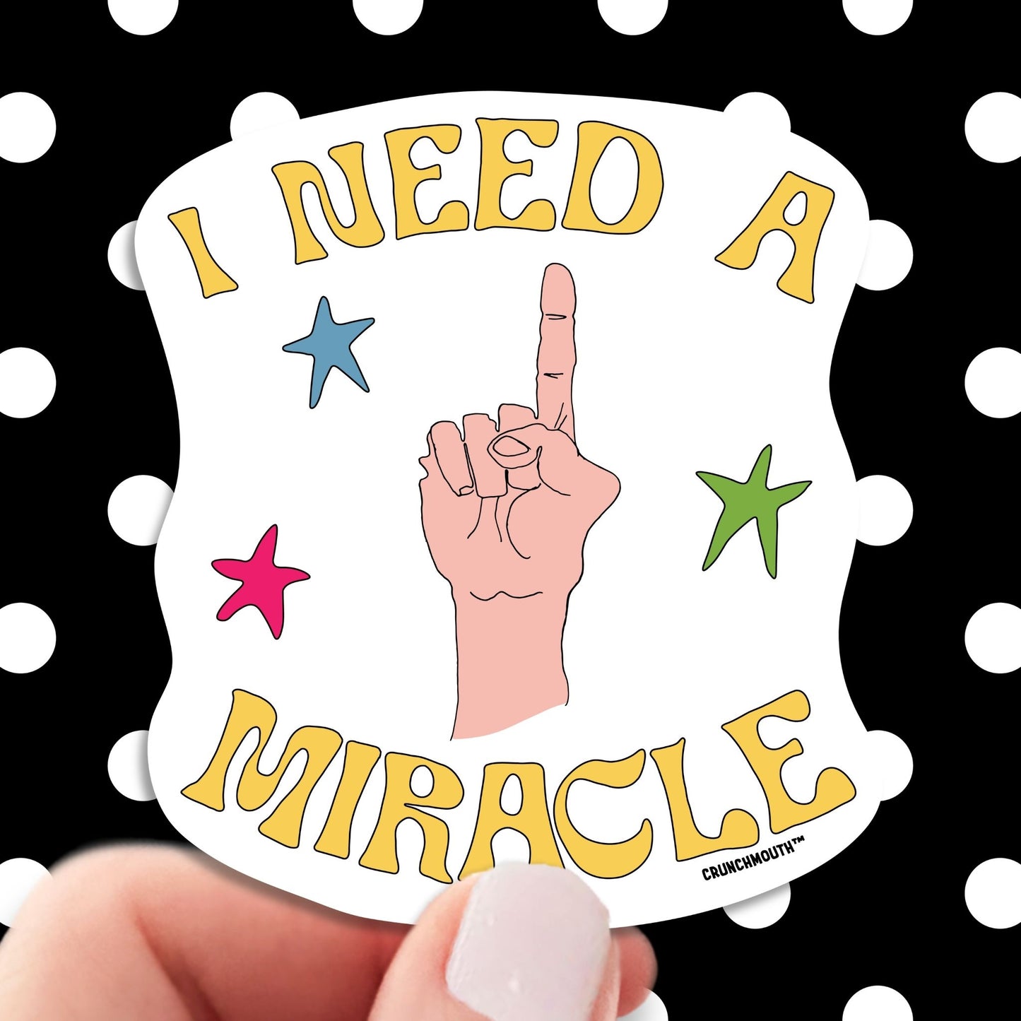i need a miracle sticker, hand display, polka dots pattern design background
