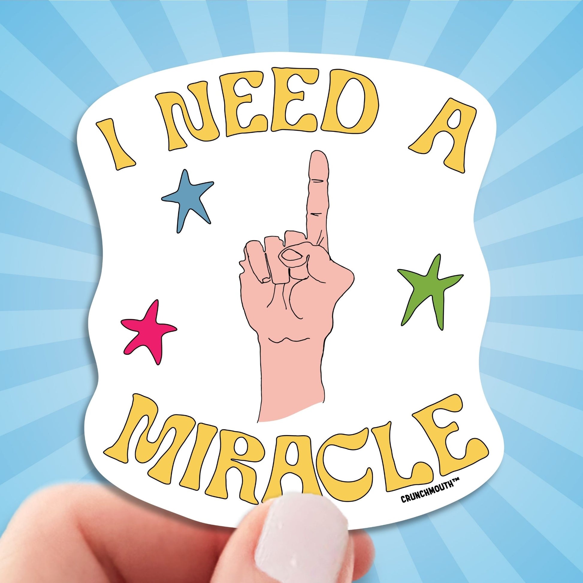 i need a miracle sticker, hand display, sun rays design background
