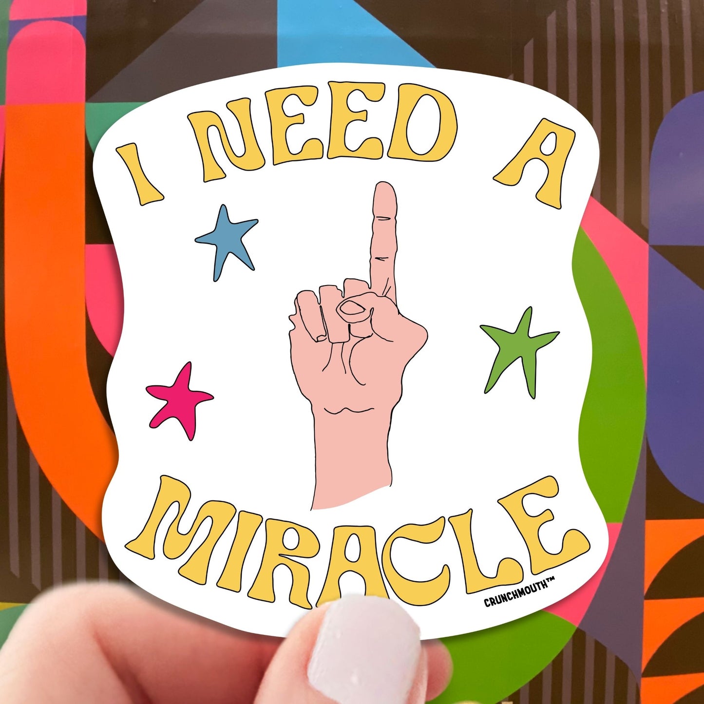 i need a miracle sticker, hand display, retro design background
