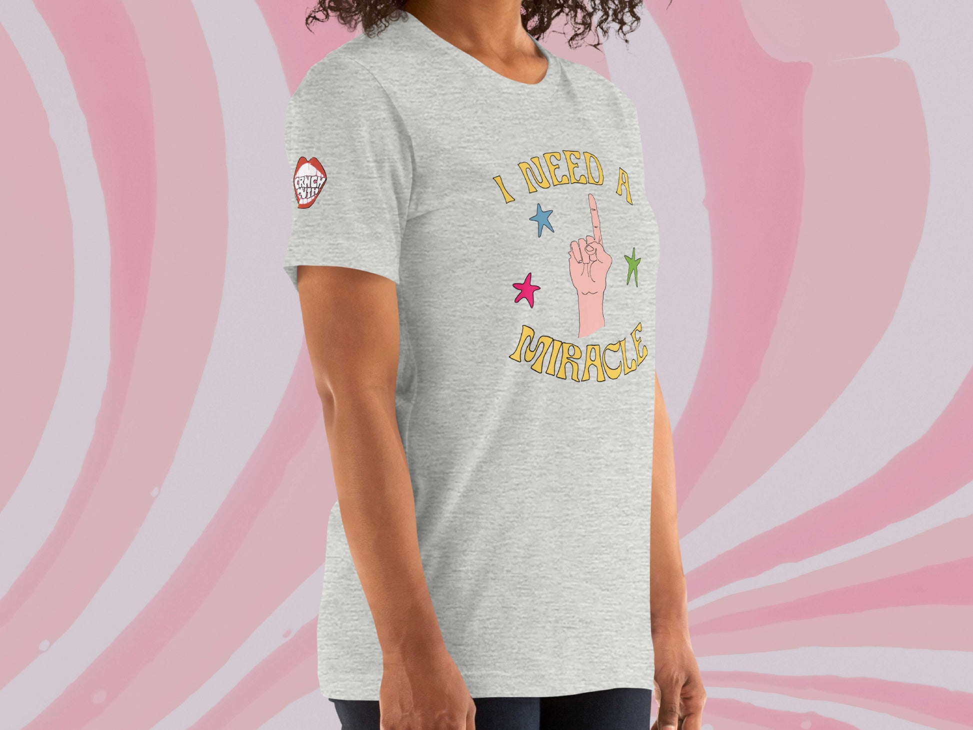 i need a miracle t-shirt, front right, female, pink swirl background