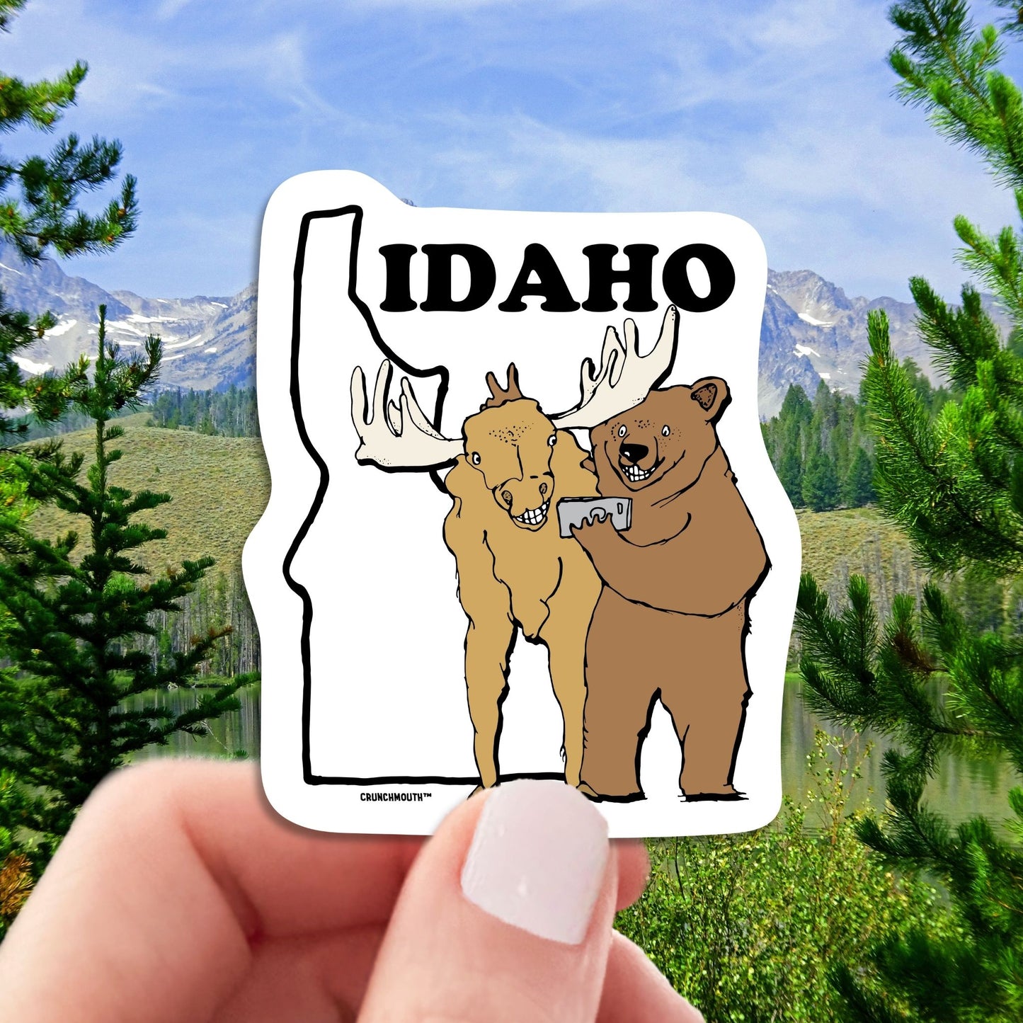 idaho travel luggage sticker, hand display, sawtooth mountains background
