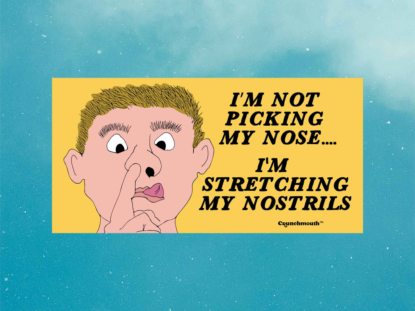 i'm not picking my nose i'm stretching my nostrils bumper sticker, funny bumper sticker, blue sky background