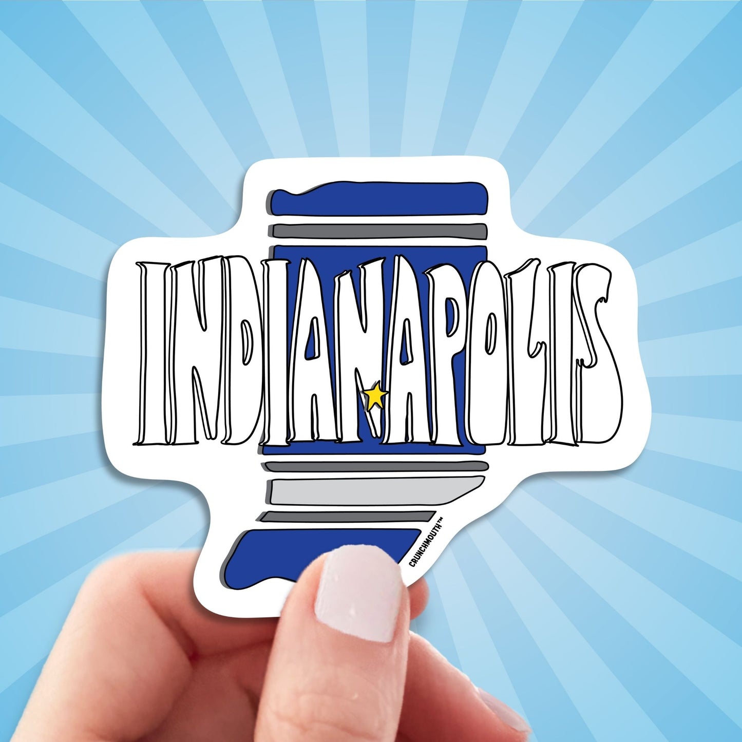 indianapolis travel luggage sticker, hand display, sun rays design background