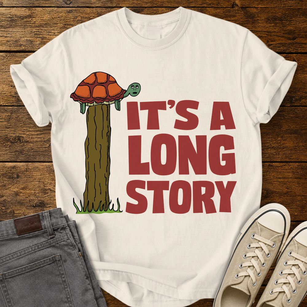 ivory graphic T-shirt mockup featuring a turtle sitting on top of a tall fence post beside the phrase “It’s a Long Story” in large red lettering, styled with gray jeans and beige sneakers on a rustic wood background.