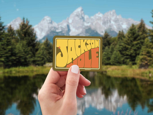 jackson hole travel luggage sticker, hand display, lake trees background
