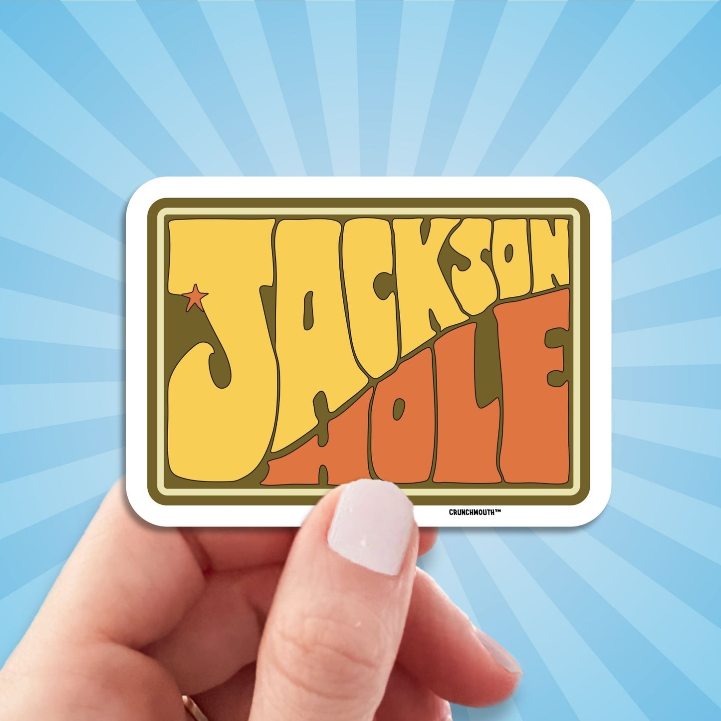 jackson hole wyoming travel luggage sticker, hand display, sun rays design background