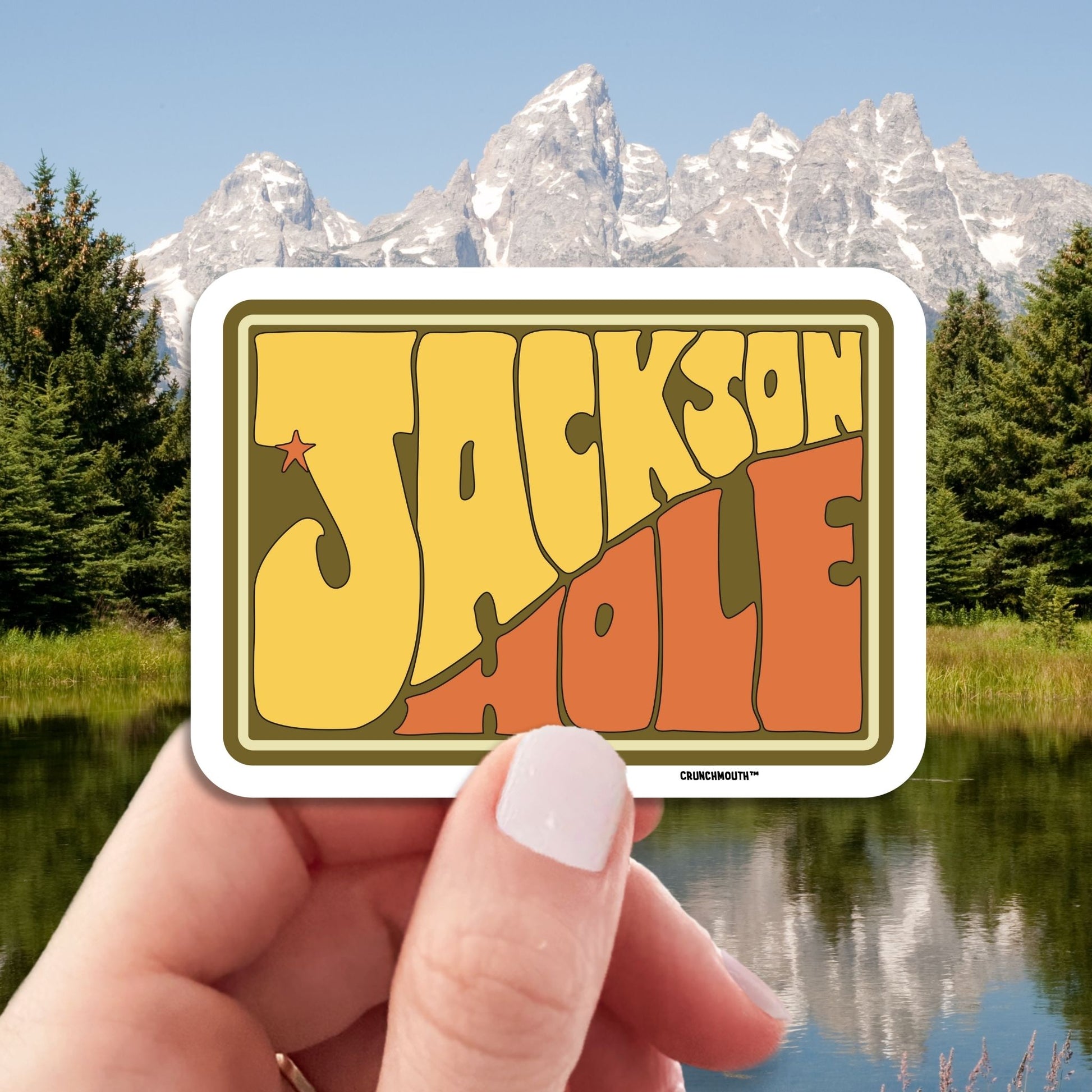 jackson hole wyoming travel luggage sticker, hand display, schwabacher's landing background