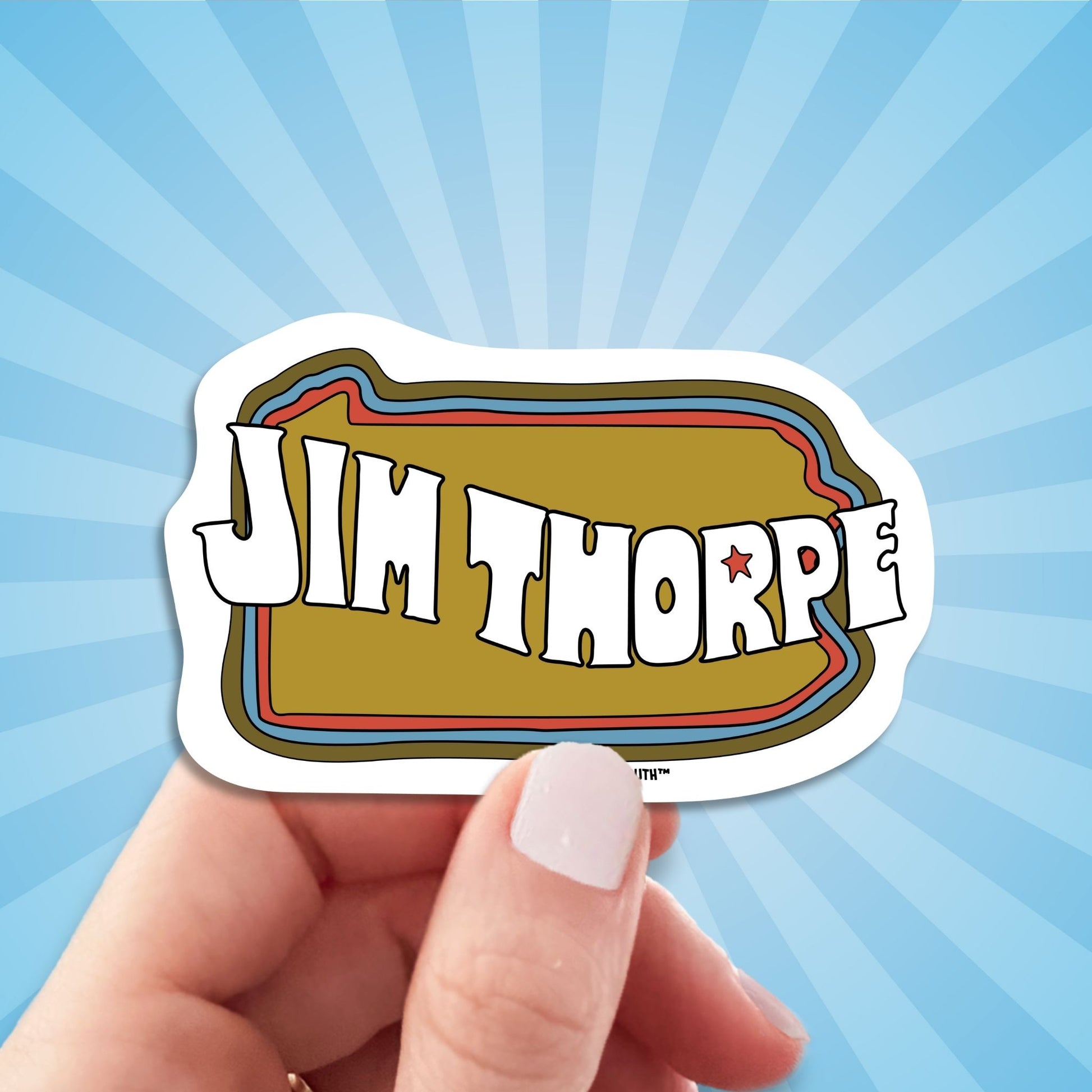 jim thorpe laptop sticker, hand display, sun rays design background