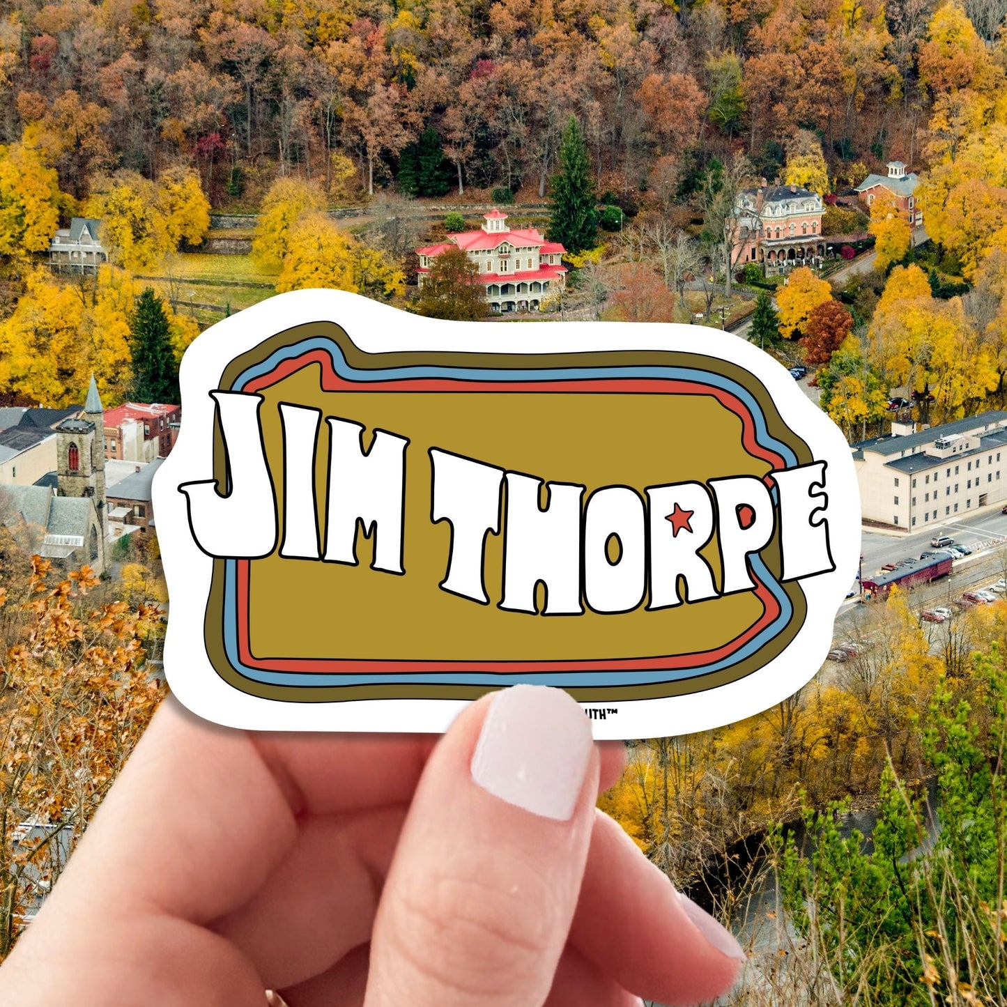 jim thorpe laptop sticker, hand display, jim thorpe background