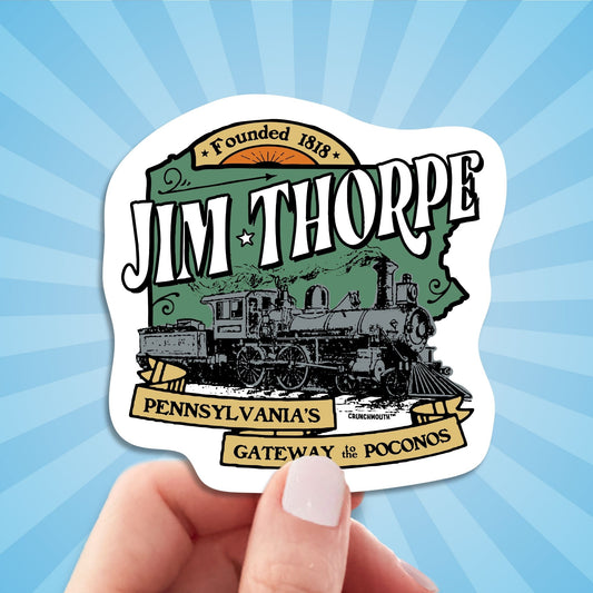 jim thorpe travel luggage sticker, hand display, sun rays design background