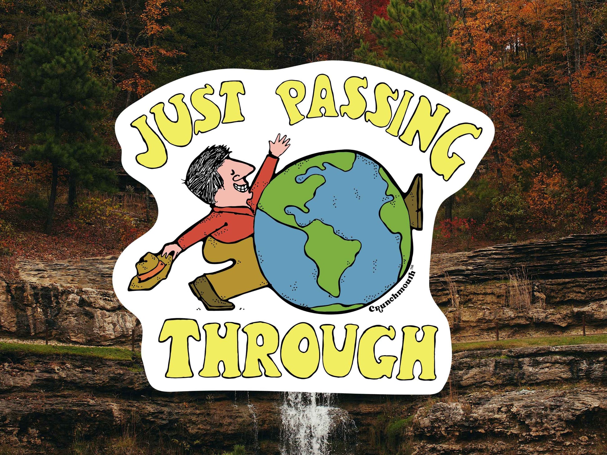 cartoon man walking through the world sticker, mountain stream background