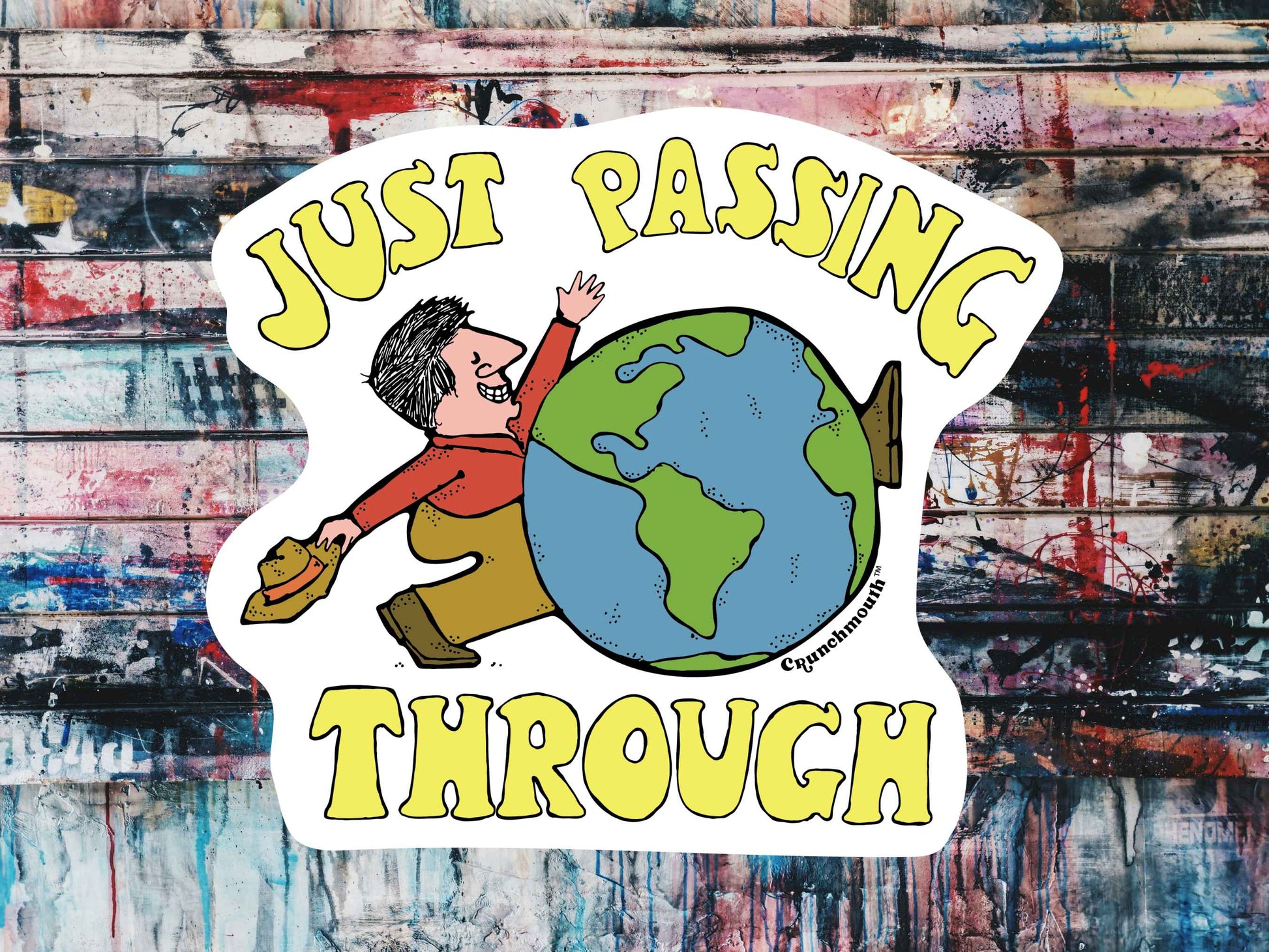 man walking through the world bumper sticker, graffiti wall background