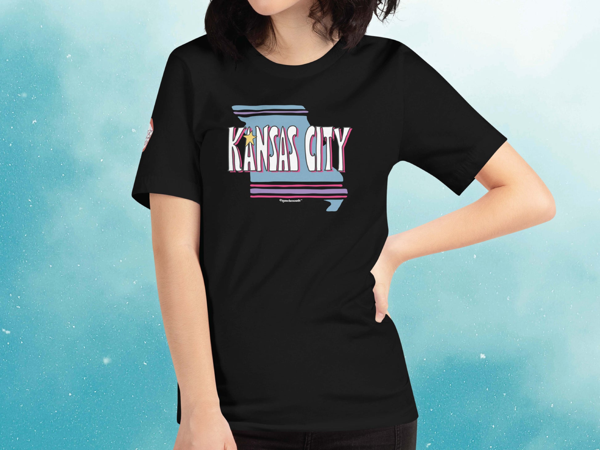 kc missouri shirt, front, female, blue sky background