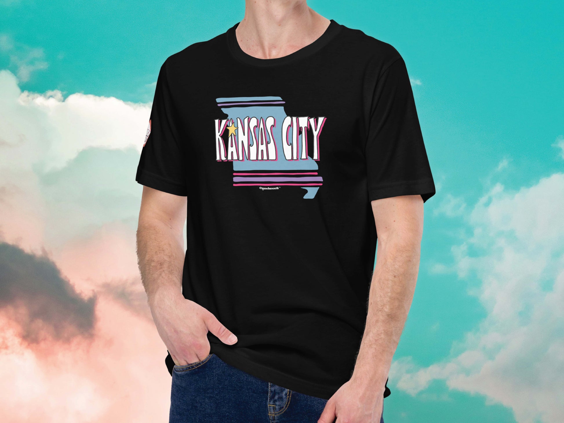 kansas city tee, front, male, cloud sky background