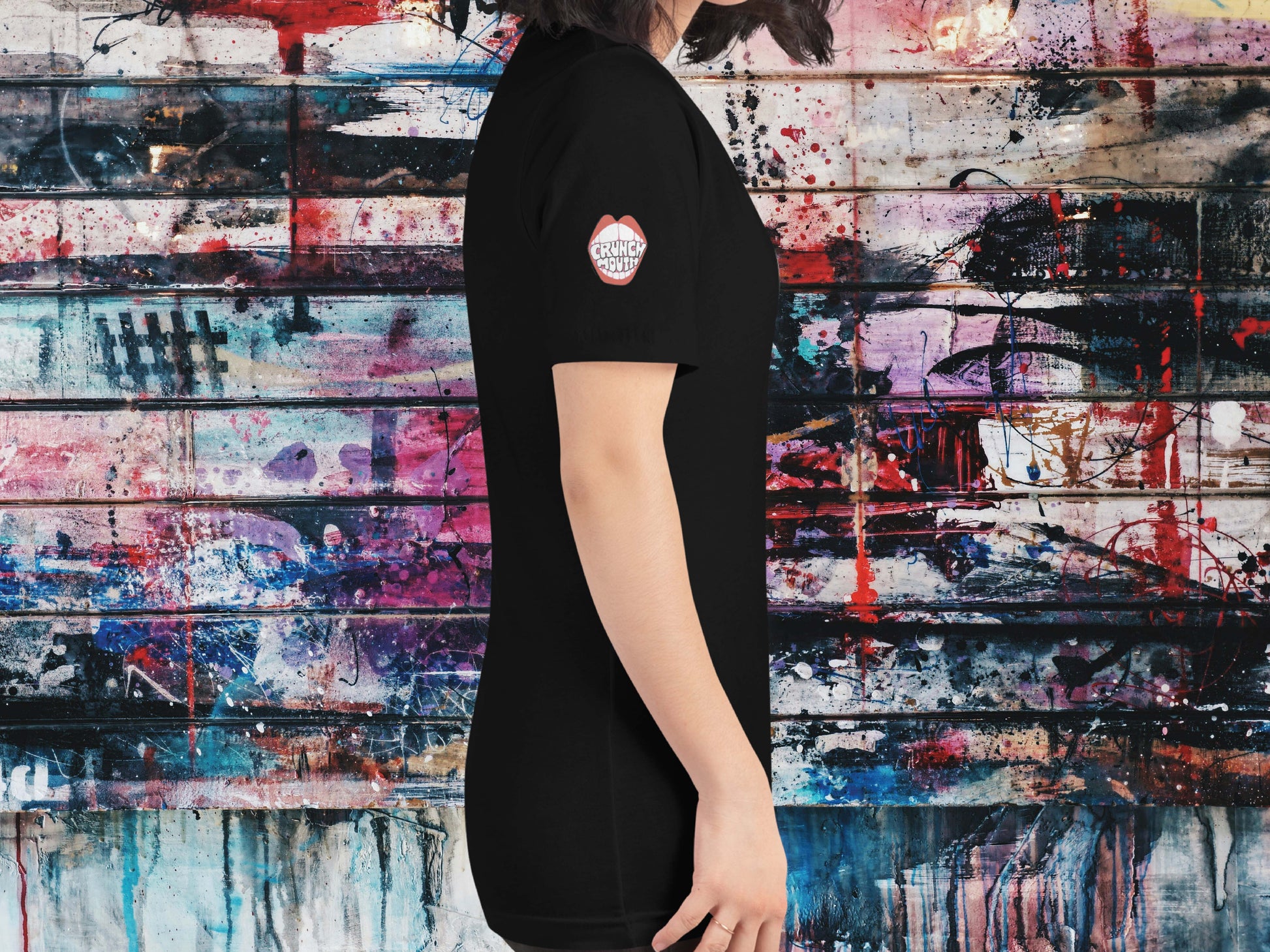 kansas city t shirt, right side, female, graffiti wall background