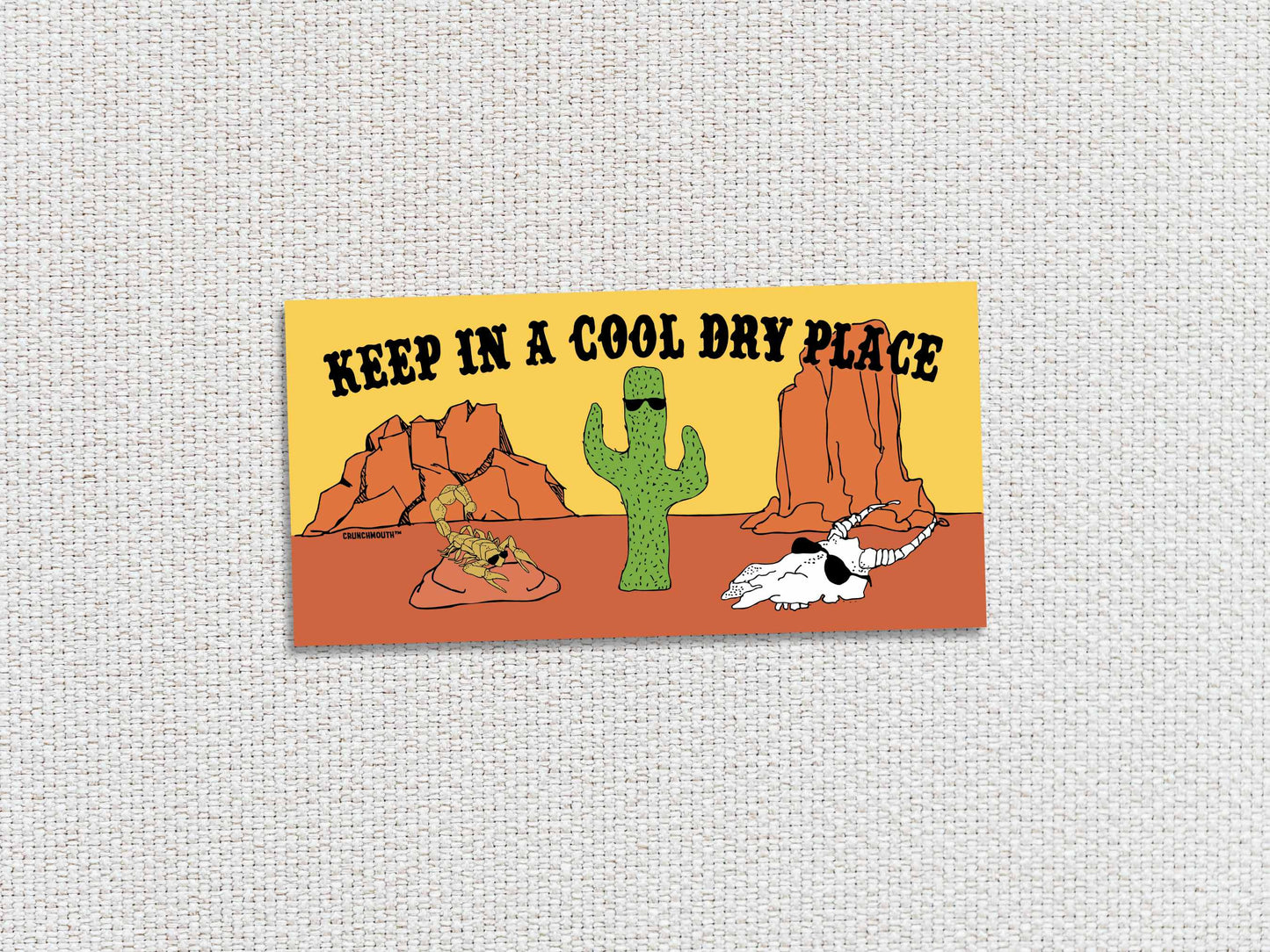 keep in a cool dry place bumper sticker, white textured background