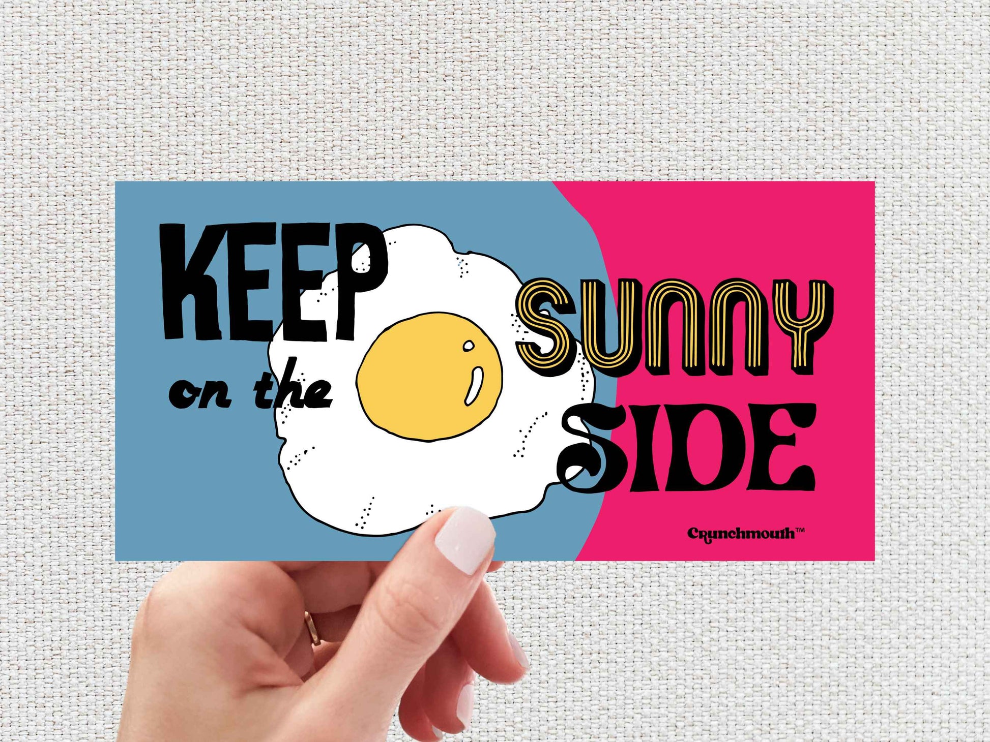 keep on the sunny side bumper sticker, hippie bumper stickers, hand display, white textured background