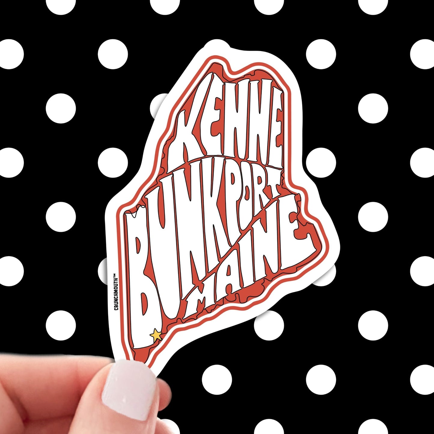 Kennebunkport travel luggage sticker, hand display, polka dots pattern design background
